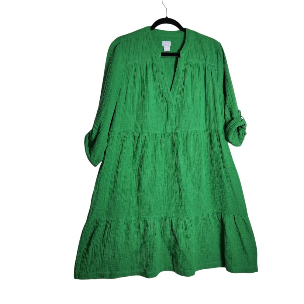 Chicos Green Cotton Gauze Tiered Dress Roll Tab Sleeve Size 2 US 12
